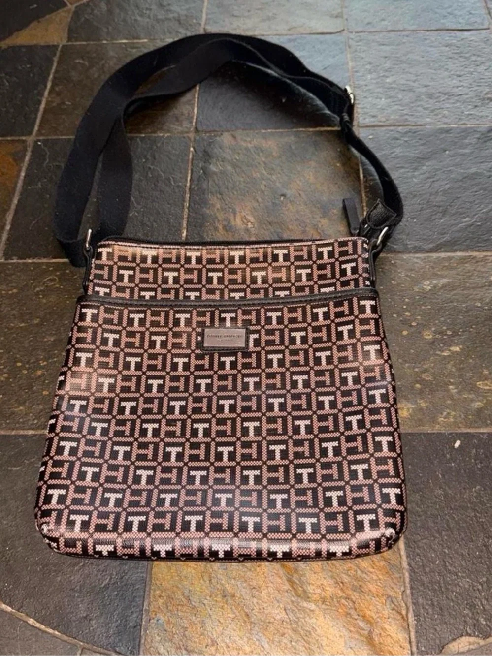 Tommy Hilfiger Black & Pink Monogram Messenger Bag